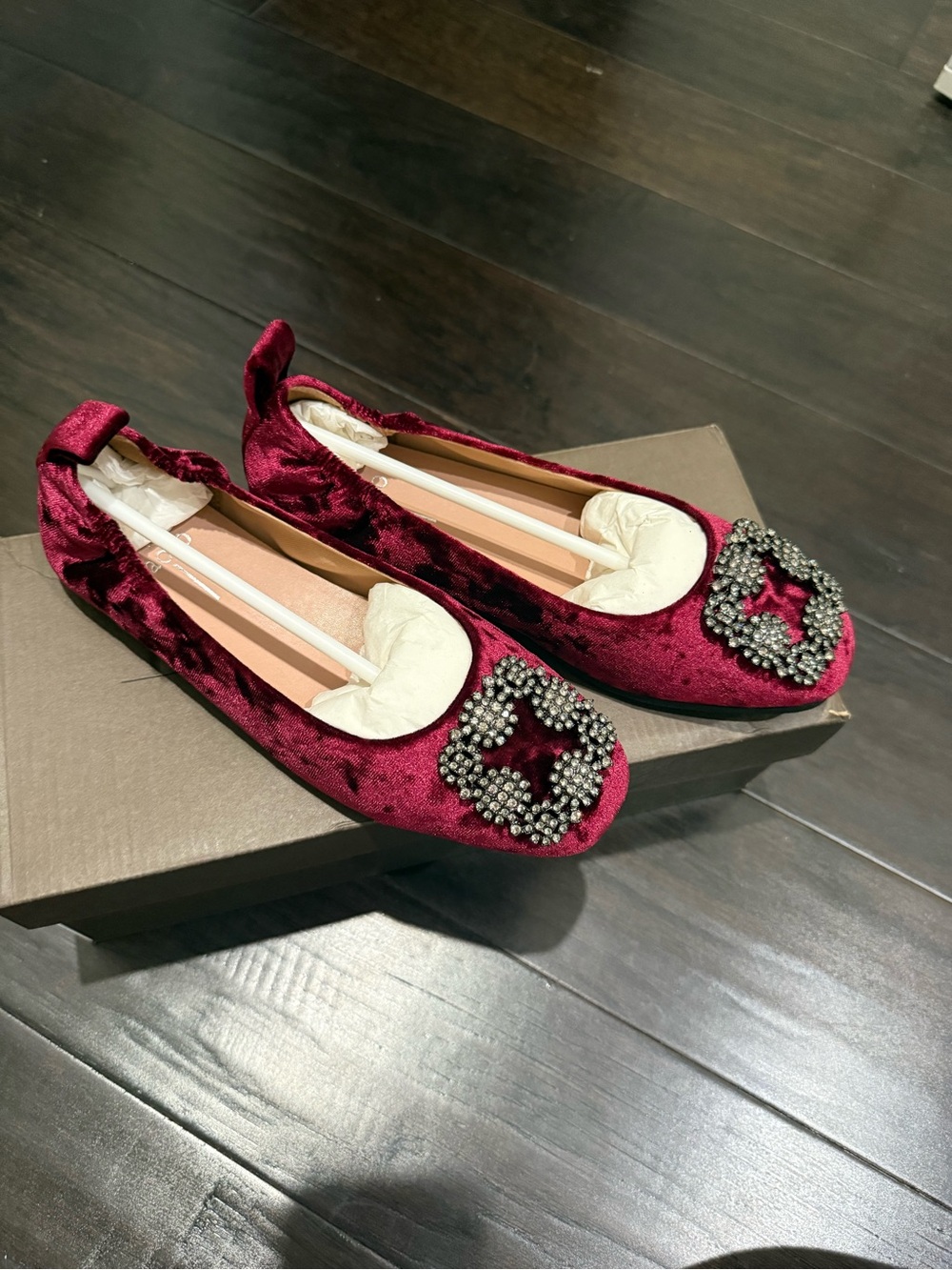 Paolo Women’s Velvet Crystal-Embellished Ballet Flats in Burgundy
